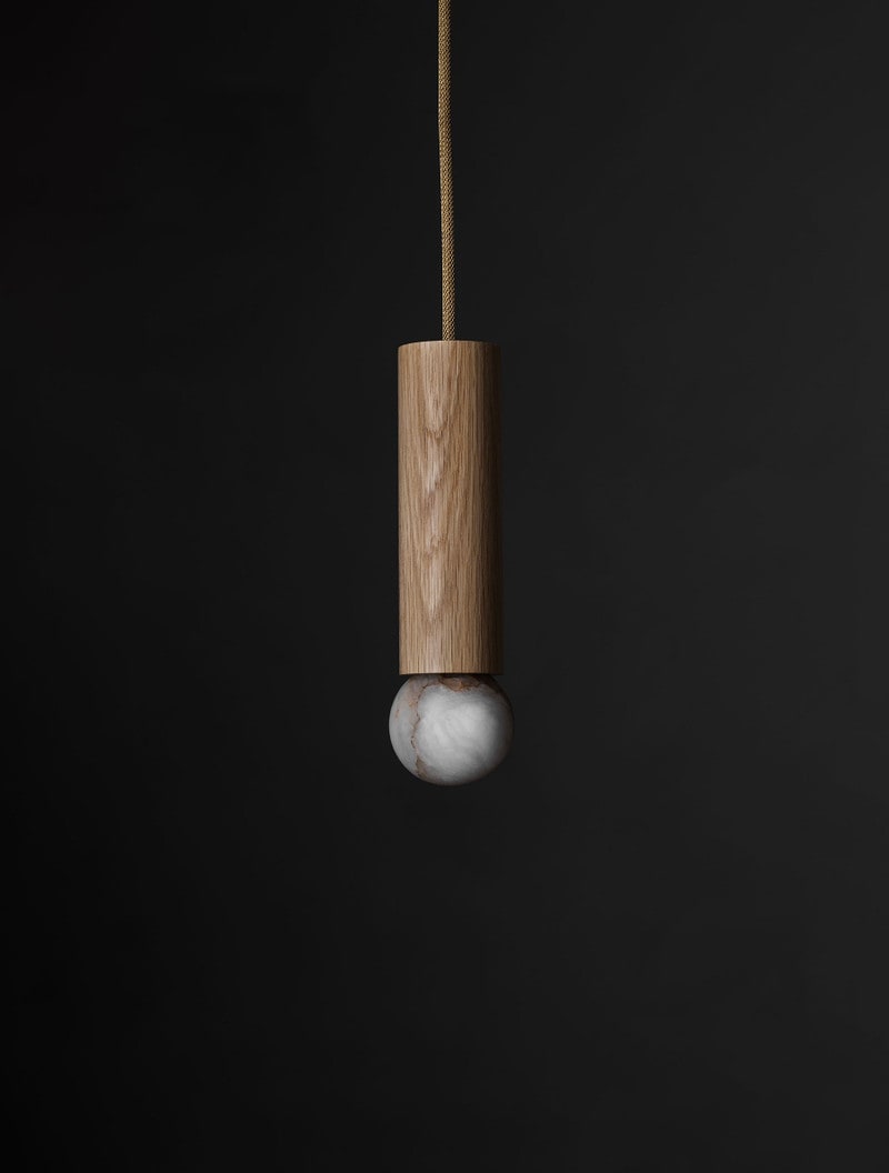 Wood Cylinder Pendant 08" shown in White Oak, Alabaster Globe.